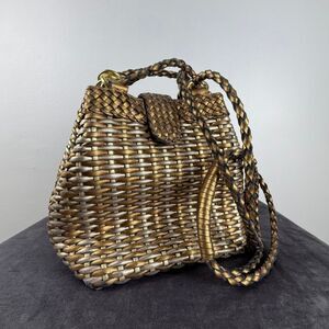Vintage CEM Woven Leather Metallic Bronze Gold Purse | 80's 90s Bucket Style Bag